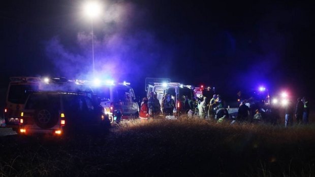 Emergency services at the crash site at Staghorn Flat where Spencer was killed. 