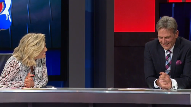 'What was it like playing with my great-grandfather?': Rebecca Maddern teases Sam Newman on her Footy Show debut.