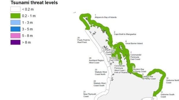 Map showing the areas originally under a tsunami threat (now cancelled).