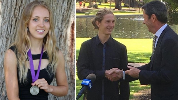 Caitlin Revell and Tate Bertola, pictured receiving his medal from Education Minister Peter Collier won the Beazley Medal for ATAR and VET respectively.
