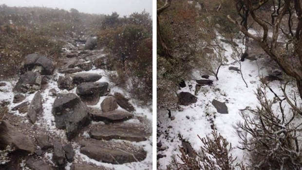 Photos of the snow fall at Bluff Knoll. 