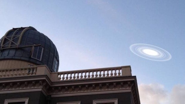 The rings around J1407b are so large that if they were put around Saturn, we could see the rings at dusk with our own eyes and camera phones. Here the rings are seen in the skies of Leiden, Nertherlands. above the Old Observatory.