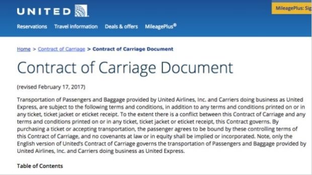 United Airlines' contract of carriage document.