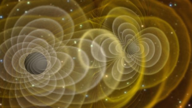 An illustration of gravitational waves produced by two orbiting black holes. 