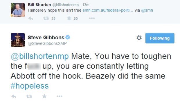 A screenshot of Opposition Leader Bill Shorten's tweet, and the response by Mr Gibbons.