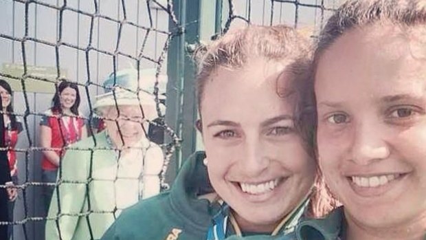 Hockeyroo stars Jayde Taylor and Brooke Peris took a selfie - and were photobombed by the Queen.