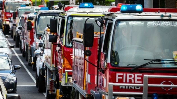 CFA volunteers demonstrate in Melbourne's CBD. 