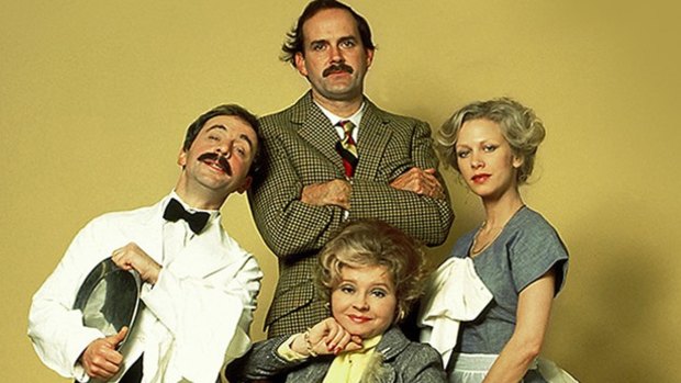 The cast of the original <i>Fawlty Towers</i>: (from left) Andrew Sachs as Manuel; John Cleese as Basil, Prunella Scales as Sybil and Connie Booth as Polly.