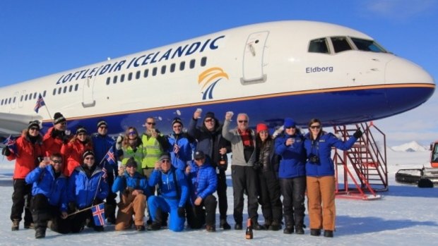 Loftleidir Icelandic staff celebrate after making the first landing of the commercial Boeing 757 in Antarctica.