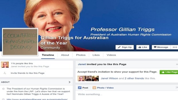 More than 11000 people have liked a page to make Gillian Triggs Australian of the Year, in a campaign started by a Central Coast firefighter Jeff Sundstrom 