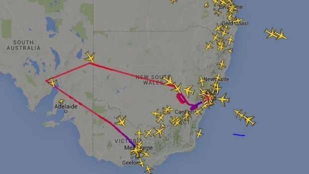 The flight path of Qantas flight QF9, which left Melbourne bound for Dubai but diverted to Sydney.