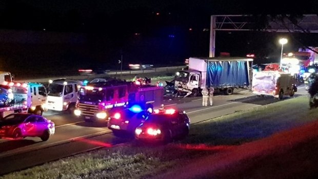 The scene at the 10-vehicle crash on the Monash Freeway