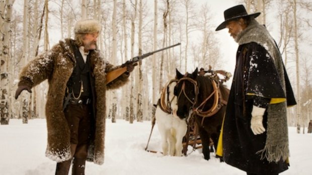 Fun in the snow: Kurt Russell and Samuel L Jackson face off in Quentin Tarantino's <i>The Hateful Eight</i>.