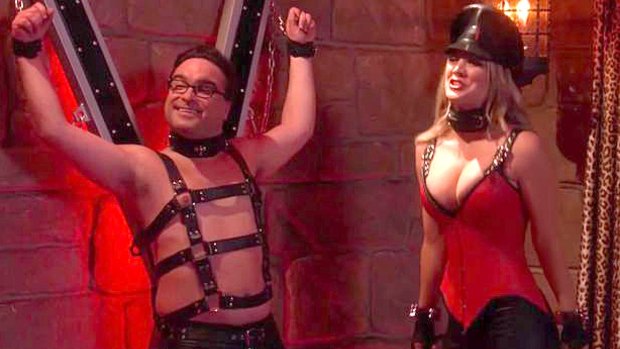Big Bang Theory's Penny (Kaley Cuoco) and Leonard (Johnny Galecki) are dressed in bondage-style outfits for upcoming episode.