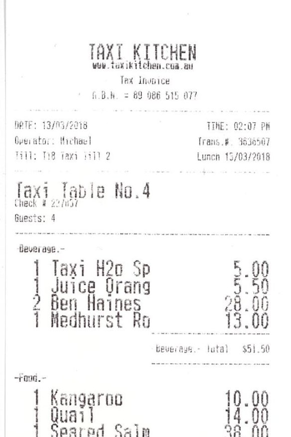 Receipt for lunch with Geoffrey Robertson.