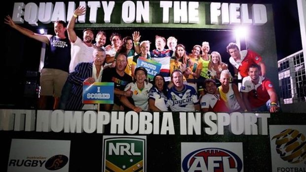 Mardi Gras support: Paul Langmack, in Bulldogs jumper, on the anti-homophobia in sport float in 2015.