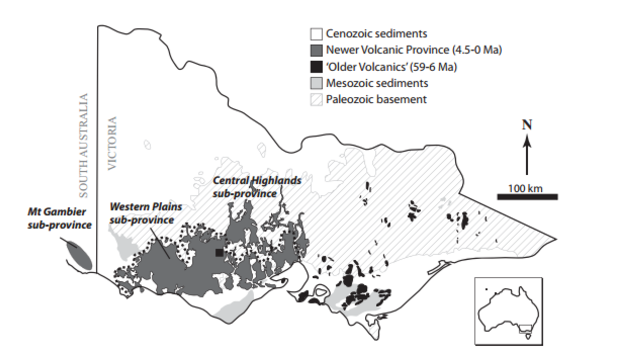 The dark grey shows the range of Victoria's volcanoes, which are dotted from Melbourne to Mt Gambier.