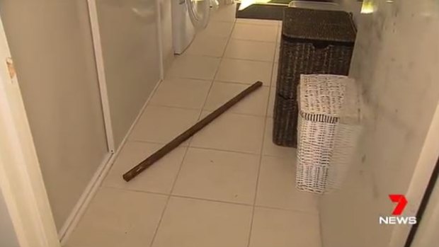 A wooden stake used by the thieves who stormed Sanna Farrukh's home in Brookfield.