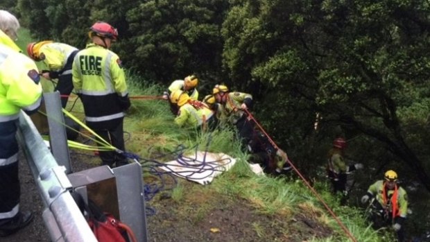 Rescuers pulling up a woman involved in a car crash from the Waipunga River, alongside the Napier-Taupo Road.

