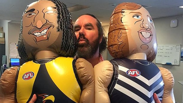 Brendan Foster with Nic Naitanui and Nat Fyfe blow-up dolls.