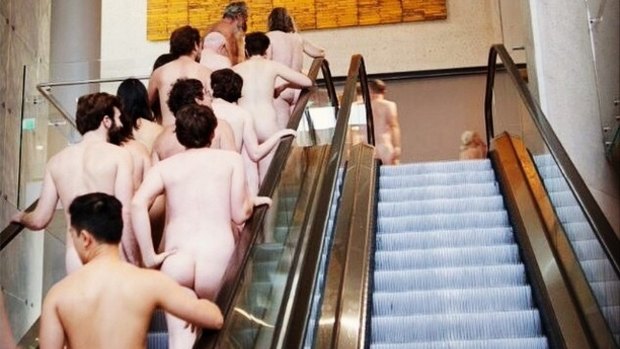 One of the naked tour groups at the National Gallery of Australia heading into the James Turrell: A Retrospective tour. 