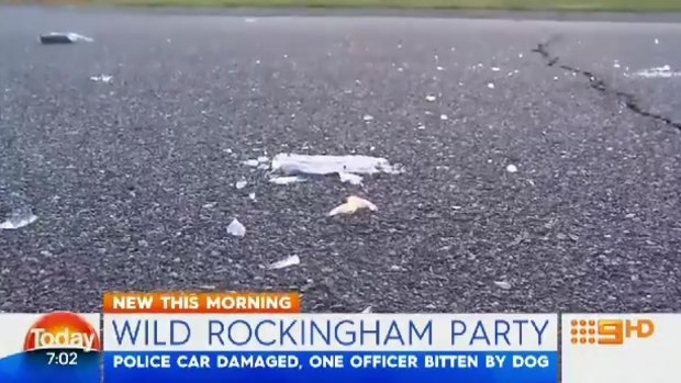 Broken glass left on the ground in the aftermath of the Rockingham party.