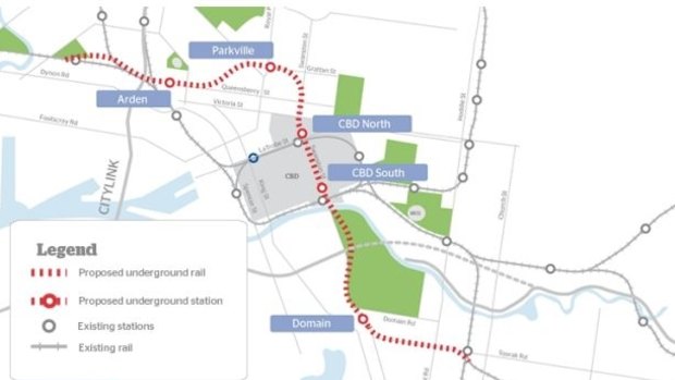 The proposed route of the $11 billion Melbourne Metro, from Kensington to South Yarra.