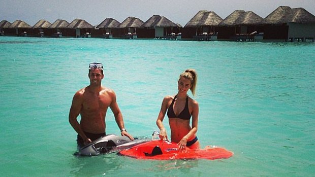Jennifer Hawkins and Jake Wall on their action-packed honeymoon in the Maldives. 
