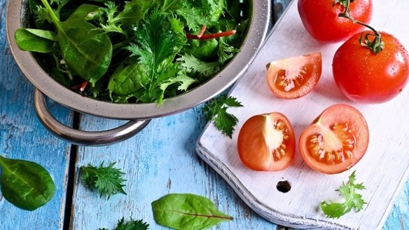 Fresh red tomatoes whole and  green salad.