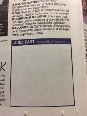 Turkish newspaper cartoonist Musa Kart was arrested and jailed pending trial in early November, along with a number of his journalist colleagues, as part of President Erdoğan’s post-coup crackdown on critical voices in the media. His regular spot in the paper has often been left symbolically blank.