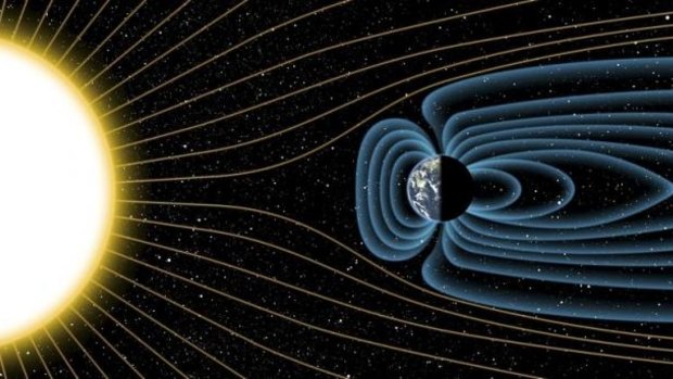 An artist's depiction of Earth's magnetic field deflecting high-energy protons from the sun four billion years ago, is shown in this image released on July 30, 2015.