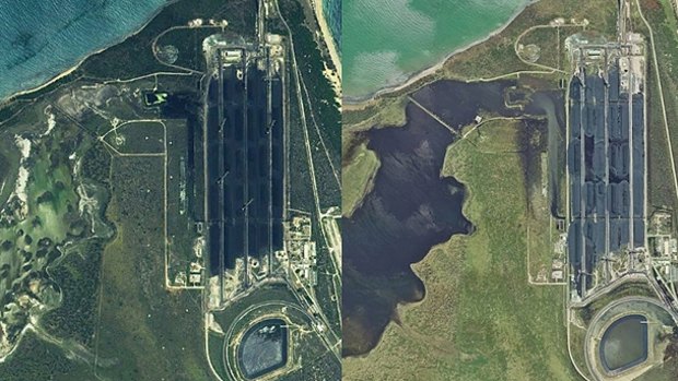 Satellite images of the Abbot Point coal terminal and neighbouring wetlands. Before Cyclone Debbie on the left and post-cyclone on the right.