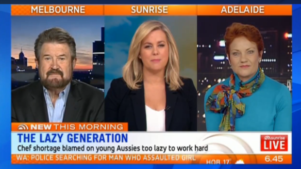 'I'm going to put it out there: Is Generation Y lazy?' Sam Armytage hosts a debate between Derryn Hinch and Pauline Hanson.