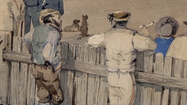 Detail from S.T. Gill painting 'Sturt's overland expedition leaving Adelaide' which academic Babette Smith says depicts a convict, left, talking to an artist. 