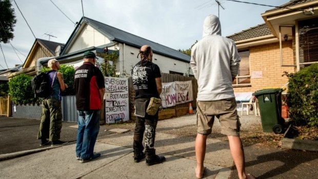 Protesters and homeless people in Bendigo Street in April.