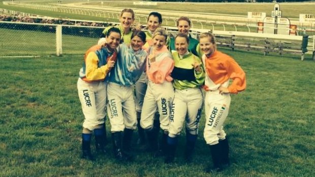 Winners are grinners: The eight female jockeys at Mt Gambier.