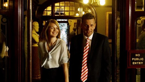 NSW Treasurer Andrew Constance and his partner Jennifer Clarke leave the parliament after delivering his first State Budget.