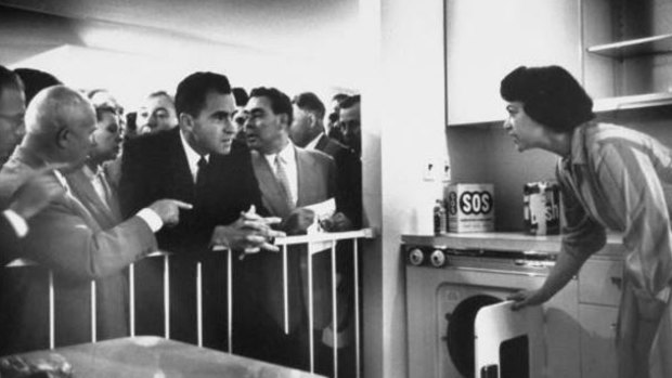 A better future: US Vice-President Richard Nixon and Soviet leaders Nikita Khrushchev  (to Nixon's left, pointing) and Leonid Brezhnev (to Nixon's right) view a model kitchen at the American National Exhibition in Moscow in 1959. 