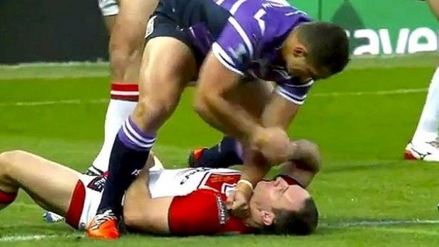 Red card offence: Ben Flower punches Lance Hohaia.