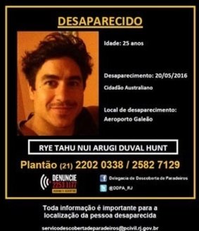 A missing poster for Australian Rye Hunt issued by Civil Police in Rio.