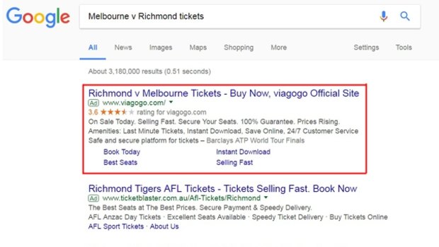 Viagogo often appears at the top of Google searches because it pays for Google Ads.