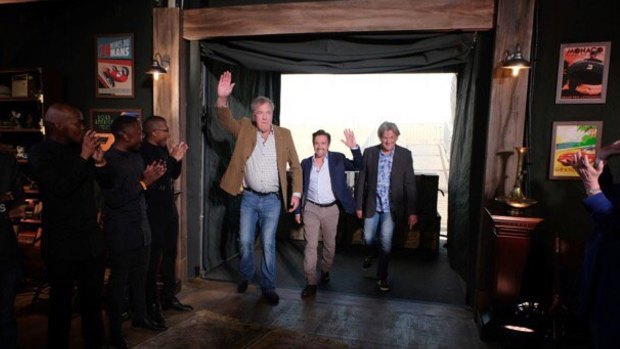 The former <i>Top Gear</i> hosts Jeremy Clarkson, Richard Hammond and James May were jubilant after filming their new show's first episode