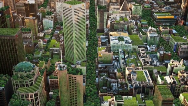 An artist's impression of Melbourne covered in rooftop gardens and roadway parks.