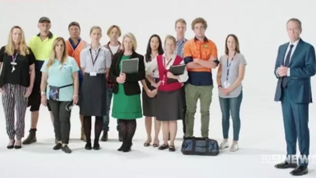 Bill Shorten appears in front of a largely white cast in an ad urging people to "employ Australians first".