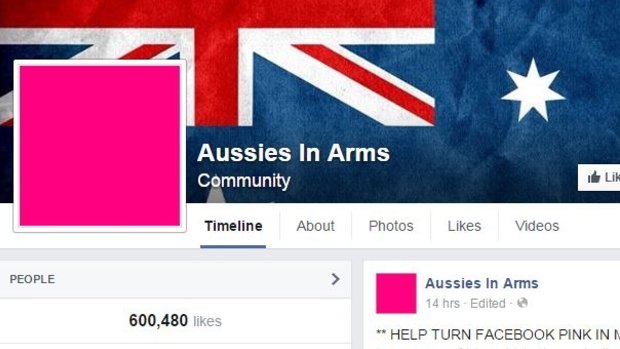 Turning pink: A screenshot of the Aussies in Arms Facebook page.