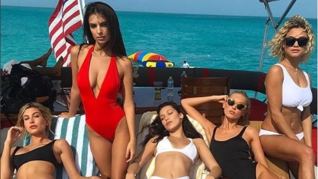 Model Rose Bertam, pictured with fellow models including Bella Hadid and Emily Ratajkowski, promoting Fyre Festival on Instagram.
