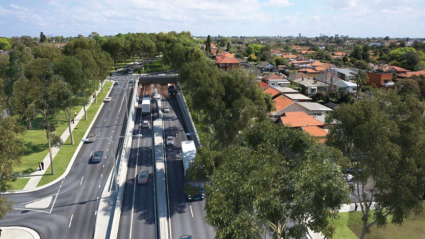 An artist’s impression of the Wattle Street interchange, looking south towards Parramatta Road above the portal entry and exit ramps. 