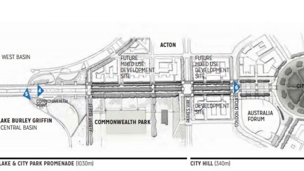 Plans released by the National Capital Authority this week showing the development sites at West Basin and on London Circuit on either side of Commonwealth Avenue. The clover-leaf off ramps are to be removed from Commonwealth Avenue, freeing up the land.