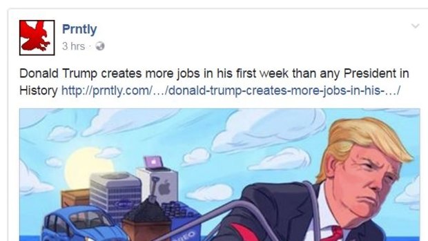 Screen shot from Prntly's Facebook post. Prntly has been identified as a source of fakenews. 