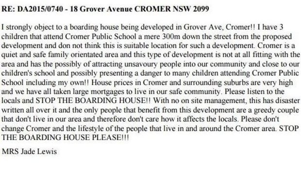 A comment on the Warringah Council website objecting to the proposed development. 